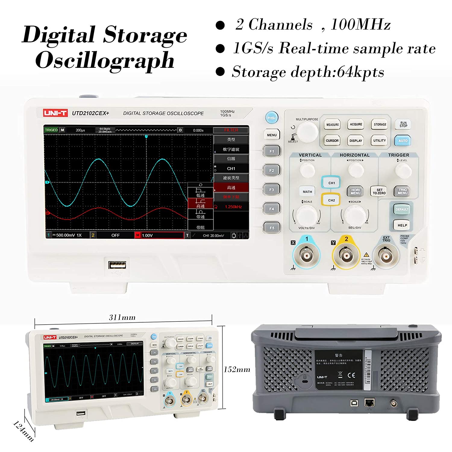 UTD2102CEX+ Oscilloscopio Digi - Digital Storage Oscilloscope 100Mhz recensione e prezzo